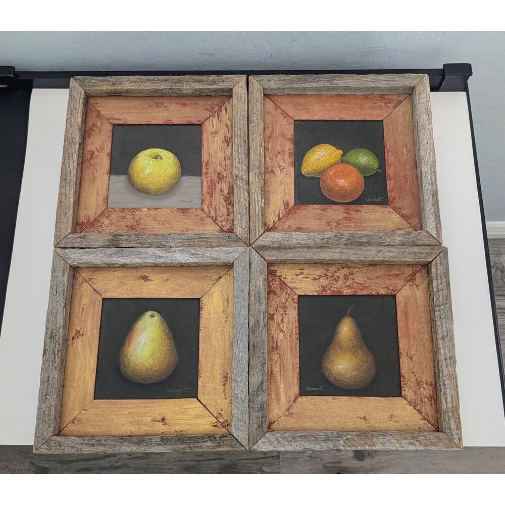 Original Oil Painting Still Life Set of 4 Signed Briant Clement Fruit Barn Wood